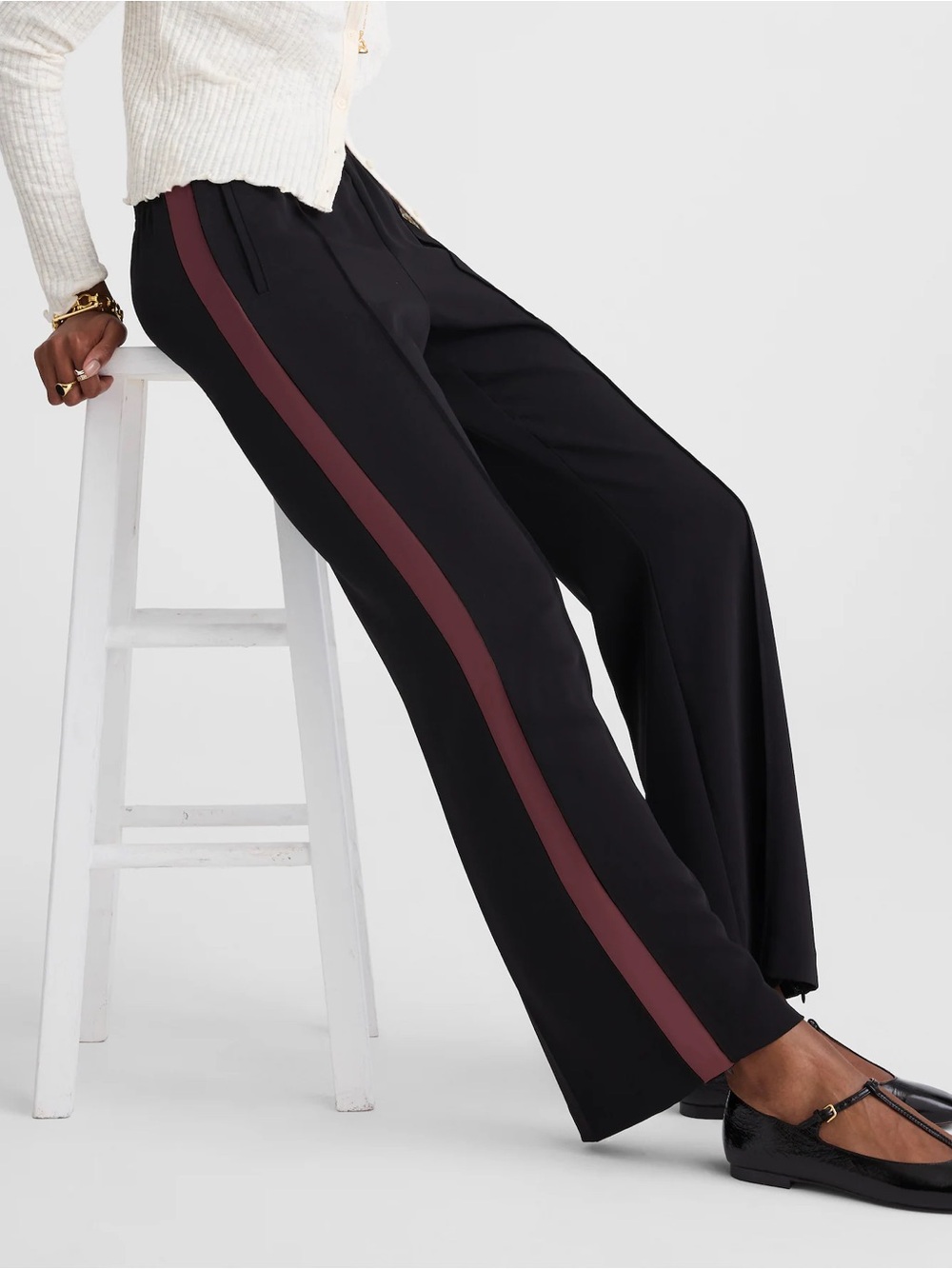 Madewell Black Wide-Leg Pants with Burgundy Side Stripe